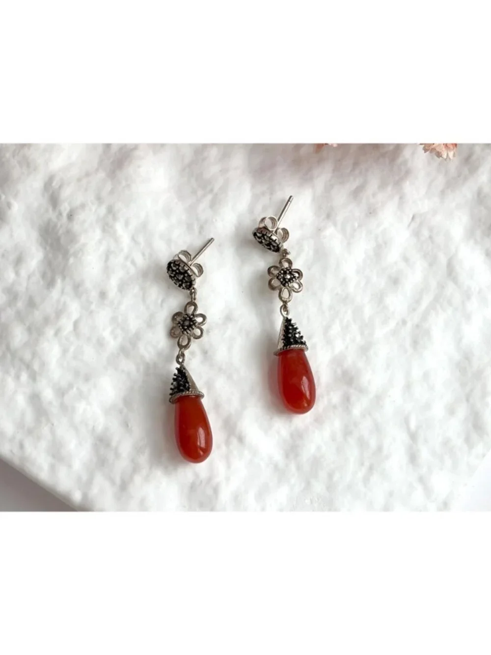 Art Deco Red Coral & Marcasite Floral Teardrop Vintage Sterling Silver Earrings